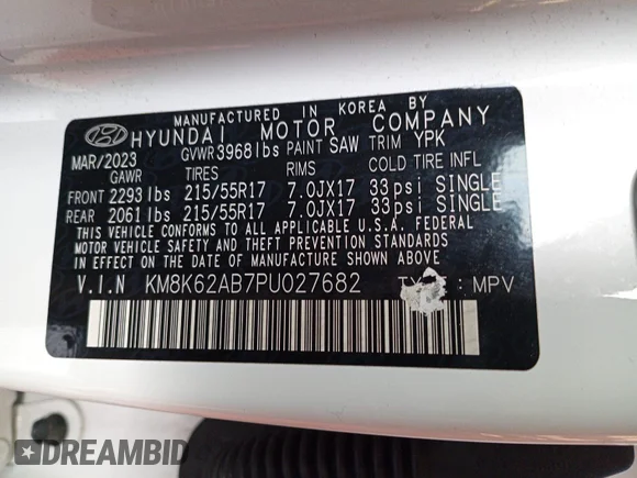 ✅ 2023 Hyundai Kona SEL • VIN: KM8K62AB7PU027682 • Lot: 42960249. Wystawiony na IAAI z przebiegiem 33 113 mil. Bezpłatny archiwum sprzedaży aukcyjnych z USA i szczegółowy raport historii pojazdu na DreamBid. Zdjęcie 1.