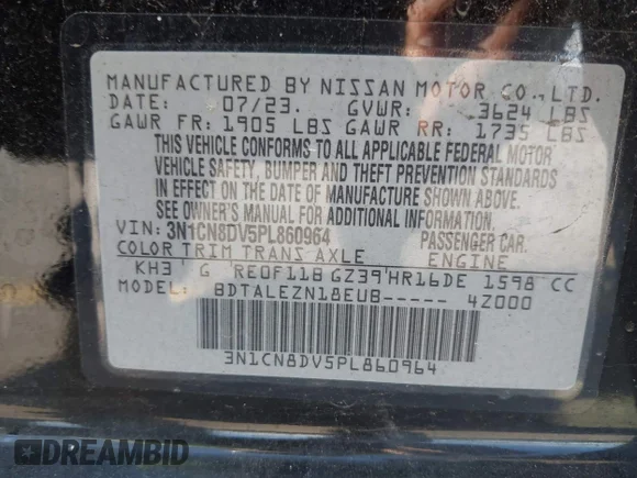 ✅ 2023 Nissan Versa S • VIN: 3N1CN8DV5PL860964 • Lot: 44350313. Wystawiony na IAAI z przebiegiem 35 757 mil. Bezpłatny archiwum sprzedaży aukcyjnych z USA i szczegółowy raport historii pojazdu na DreamBid. Zdjęcie 9.