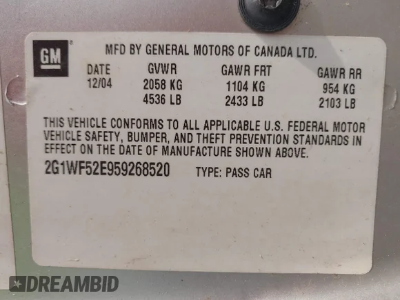 ✅ 2005 Chevrolet Impala • VIN: 2G1WF52E959268520 • Lot: 45458228. Listed on IAAI with 232,736 mi. Free auction sales archive from the USA and detailed vehicle history report at DreamBid. Image 9.