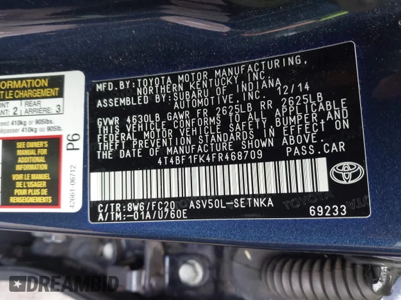 ✅ 2015 Toyota Camry LE • VIN: 4T4BF1FK4FR468709 • Lot: 44484741. Wystawiony na IAAI z przebiegiem Nie podano. Bezpłatny archiwum sprzedaży aukcyjnych z USA i szczegółowy raport historii pojazdu na DreamBid. Zdjęcie 9.