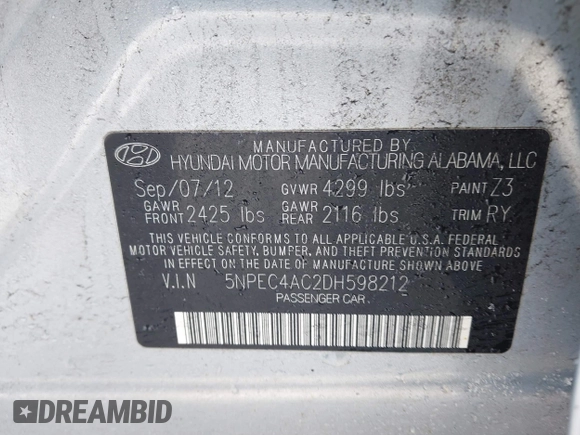 ✅ 2013 Hyundai Sonata Limited • VIN: 5NPEC4AC2DH598212 • Lot: 44459589. Wystawiony na IAAI z przebiegiem 190 736 mil. Bezpłatny archiwum sprzedaży aukcyjnych z USA i szczegółowy raport historii pojazdu na DreamBid. Zdjęcie 9.