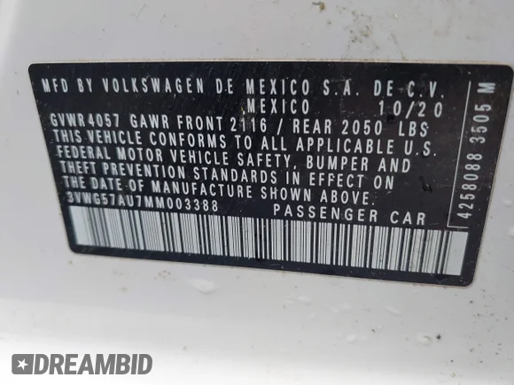 ✅ 2021 Volkswagen Golf TSI • VIN: 3VWG57AU7MM003388 • Lot: 42054410. Wystawiony na IAAI z przebiegiem 65 516 mil. Bezpłatny archiwum sprzedaży aukcyjnych z USA i szczegółowy raport historii pojazdu na DreamBid. Zdjęcie 9.