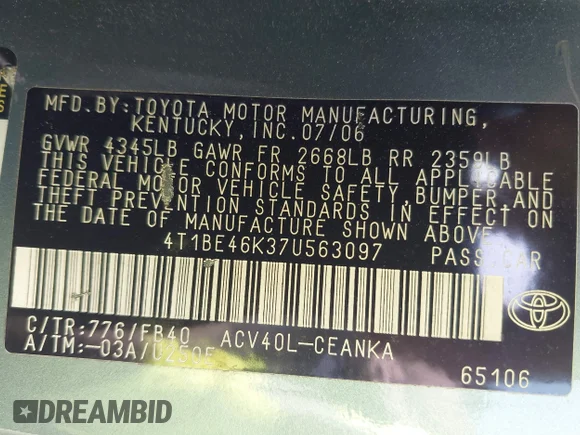 ✅ 2007 Toyota Camry LE • VIN: 4T1BE46K37U563097 • Lot: 45492009. Listed on IAAI with 109,774 mi. Free auction sales archive from the USA and detailed vehicle history report at DreamBid. Image 9.