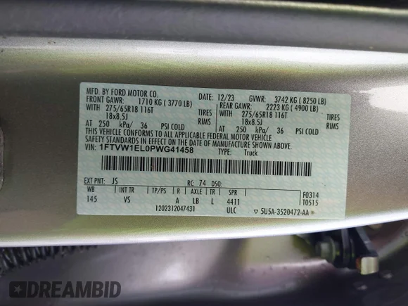 ✅ 2023 Ford F-150 Lightning XLT • VIN: 1FTVW1EL0PWG41458 • Lot: 43422532. Wystawiony na IAAI z przebiegiem 28 453 mil. Bezpłatny archiwum sprzedaży aukcyjnych z USA i szczegółowy raport historii pojazdu na DreamBid. Zdjęcie 9.