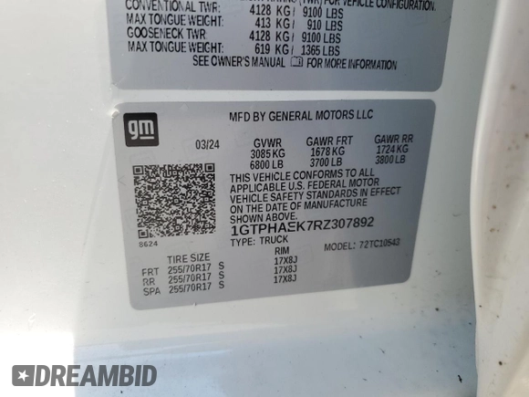✅ 2024 GMC Sierra 1500 Pro • VIN: 1GTPHAEK7RZ307892 • Lot: 69352155. Wystawiony na Copart z przebiegiem 29 639 mil. Bezpłatny archiwum sprzedaży aukcyjnych z USA i szczegółowy raport historii pojazdu na DreamBid. Zdjęcie 12.