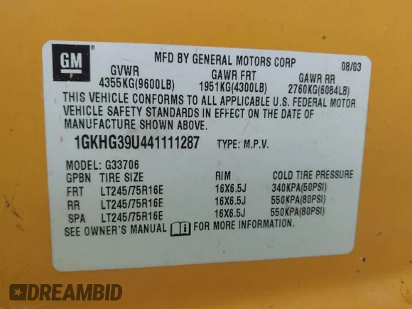 ✅ 2004 GMC Savana • VIN: 1GKHG39U441111287 • Lot: 43382976. Wystawiony na IAAI z przebiegiem 251 134 mil. Bezpłatny archiwum sprzedaży aukcyjnych z USA i szczegółowy raport historii pojazdu na DreamBid. Zdjęcie 9.