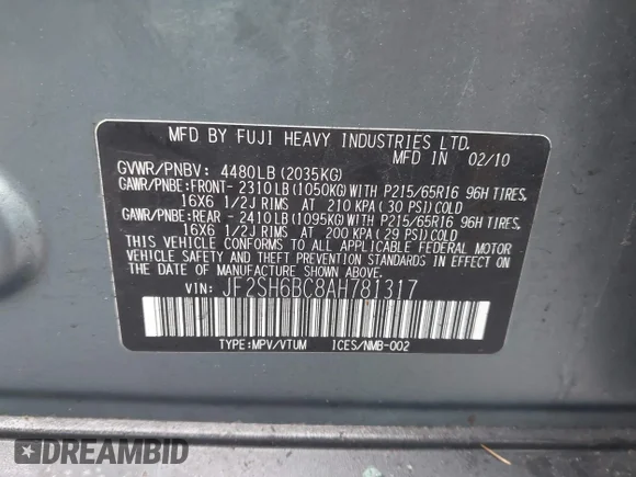 ✅ 2010 Subaru Forester X • VIN: JF2SH6BC8AH781317 • Лот: 44093673. Опубликован ранее на IAAI с пробегом 235 187 миль. Бесплатный доступ к архиву аукционных продаж из США и подробный отчёт об истории автомобиля на DreamBid. Изображение 9.