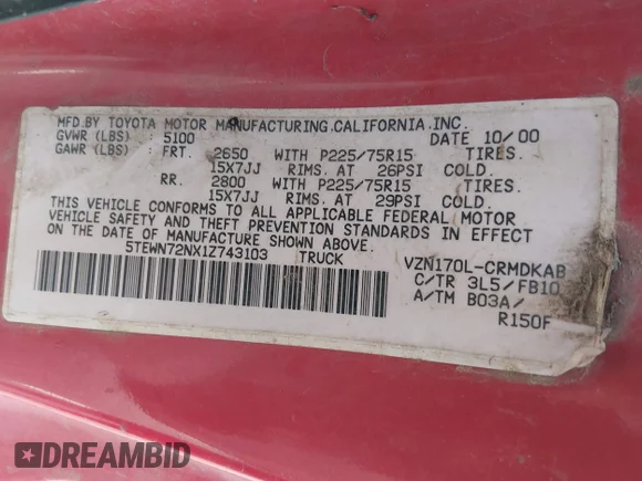 ✅ 2001 Toyota Tacoma • VIN: 5TEWN72NX1Z743103 • Лот: 45311784. Опубліковано раніше на IAAI з пробігом 241 677 миль. Безкоштовний доступ до архіву аукціонних продажів зі США та докладний звіт про історію автомобіля на DreamBid. Зображення 9.