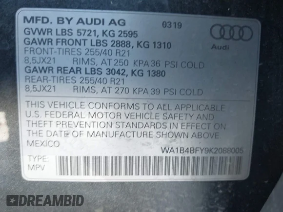 ✅ 2019 Audi SQ5 Premium Plus • VIN: WA1B4BFY9K2088005 • Лот: 43425282. Опубликован ранее на IAAI с пробегом 125 164 миль. Бесплатный доступ к архиву аукционных продаж из США и подробный отчёт об истории автомобиля на DreamBid. Изображение 9.
