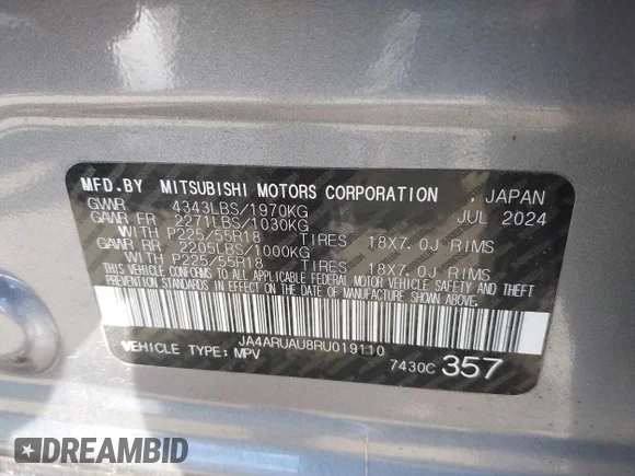 ✅ 2024 Mitsubishi Outlander S • VIN: JA4ARUAU8RU019110 • Lot: 43762701. Wystawiony na IAAI z przebiegiem 38 688 mil. Bezpłatny archiwum sprzedaży aukcyjnych z USA i szczegółowy raport historii pojazdu na DreamBid. Zdjęcie 9.
