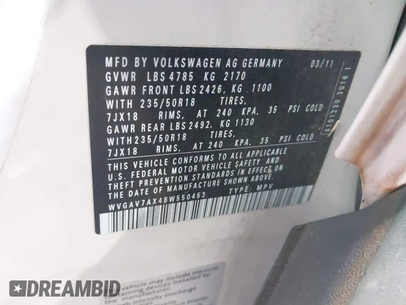 ✅ 2011 Volkswagen Tiguan S • VIN: WVGAV7AX4BW550453 • Lot: 41598664. Wystawiony na IAAI z przebiegiem 73 281 mil. Bezpłatny archiwum sprzedaży aukcyjnych z USA i szczegółowy raport historii pojazdu na DreamBid. Zdjęcie 9.