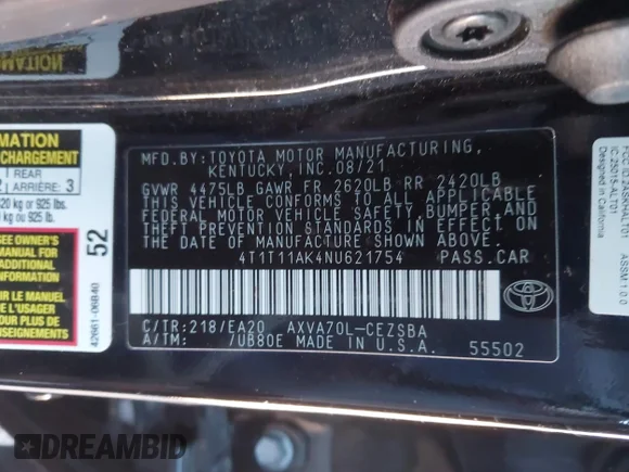 ✅ 2022 Toyota Camry SE • VIN: 4T1T11AK4NU621754 • Lot: 44147813. Wystawiony na IAAI z przebiegiem 87 251 mil. Bezpłatny archiwum sprzedaży aukcyjnych z USA i szczegółowy raport historii pojazdu na DreamBid. Zdjęcie 9.