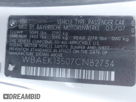 ✅ 2007 BMW 6 Series 650i • VIN: WBAEK13507CN82734 • Lot: 44184040. Wystawiony na IAAI z przebiegiem 129 553 mil. Bezpłatny archiwum sprzedaży aukcyjnych z USA i szczegółowy raport historii pojazdu na DreamBid. Zdjęcie 9.