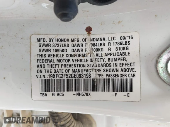 ✅ 2016 Honda Civic LX • VIN: 19XFC2F52GE093198 • Lot: 44545649. Listed on IAAI with 177,248 mi. Free auction sales archive from the USA and detailed vehicle history report at DreamBid. Image 9.
