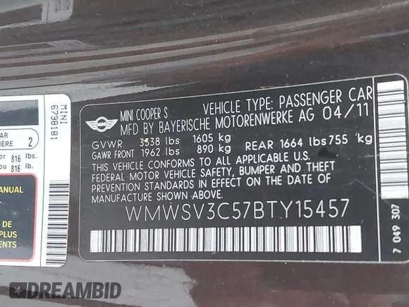 ✅ 2011 MINI Hardtop S • VIN: WMWSV3C57BTY15457 • Лот: 42772589. Опубликован ранее на IAAI с пробегом 91 044 миль. Бесплатный доступ к архиву аукционных продаж из США и подробный отчёт об истории автомобиля на DreamBid. Изображение 9.