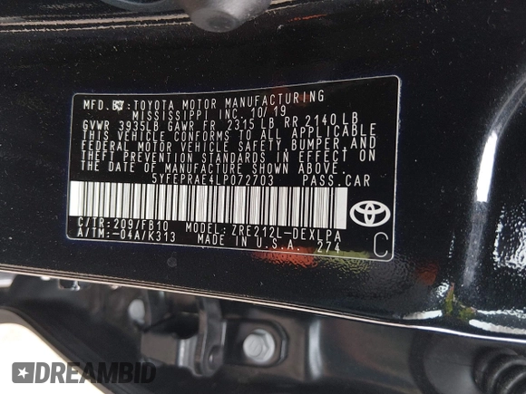 ✅ 2020 Toyota Corolla LE • VIN: 5YFEPRAE4LP072703 • Lot: 44730654. Wystawiony na IAAI z przebiegiem 63 302 mil. Bezpłatny archiwum sprzedaży aukcyjnych z USA i szczegółowy raport historii pojazdu na DreamBid. Zdjęcie 9.