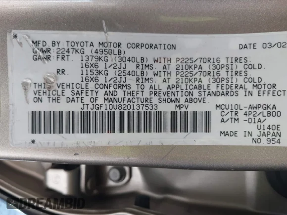 ✅ 2002 Lexus RX 300 • VIN: JTJGF10U820137533 • Lot: 45064420. Listed on IAAI with 258,984 mi. Free auction sales archive from the USA and detailed vehicle history report at DreamBid. Image 9.