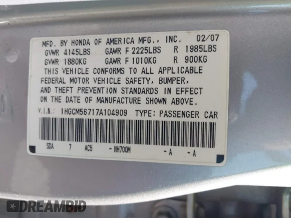 ✅ 2007 Honda Accord EX • VIN: 1HGCM56717A104909 • Lot: 45142392. Wystawiony na IAAI z przebiegiem 231 322 mil. Bezpłatny archiwum sprzedaży aukcyjnych z USA i szczegółowy raport historii pojazdu na DreamBid. Zdjęcie 9.