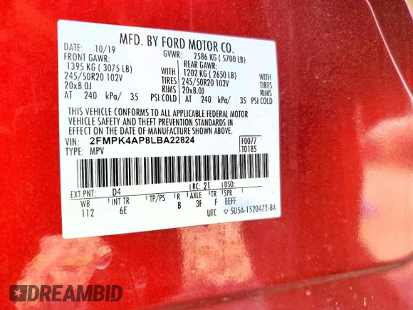 ✅ 2020 Ford Edge ST • VIN: 2FMPK4AP8LBA22824 • Лот: 79438875. Опубліковано раніше на Copart з пробігом 72 178 миль. Безкоштовний доступ до архіву аукціонних продажів зі США та докладний звіт про історію автомобіля на DreamBid. Зображення 12.