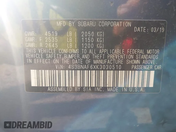 ✅ 2019 Subaru Legacy Premium • VIN: 4S3BNAF6XK3030510 • Lot: 45122733. Wystawiony na IAAI z przebiegiem 188 715 mil. Bezpłatny archiwum sprzedaży aukcyjnych z USA i szczegółowy raport historii pojazdu na DreamBid. Zdjęcie 9.