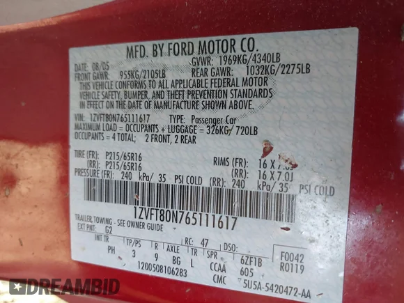 ✅ 2006 Ford Mustang Standard • VIN: 1ZVFT80N765111617 • Lot: 44953598. Wystawiony na IAAI z przebiegiem Nie podano. Bezpłatny archiwum sprzedaży aukcyjnych z USA i szczegółowy raport historii pojazdu na DreamBid. Zdjęcie 9.