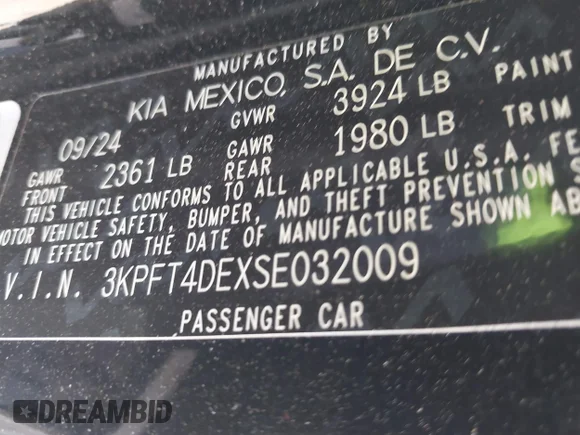 ✅ 2025 Kia K4 LXS • VIN: 3KPFT4DEXSE032009 • Lot: 43198227. Listed on IAAI with 26,989 mi. Free auction sales archive from the USA and detailed vehicle history report at DreamBid. Image 9.