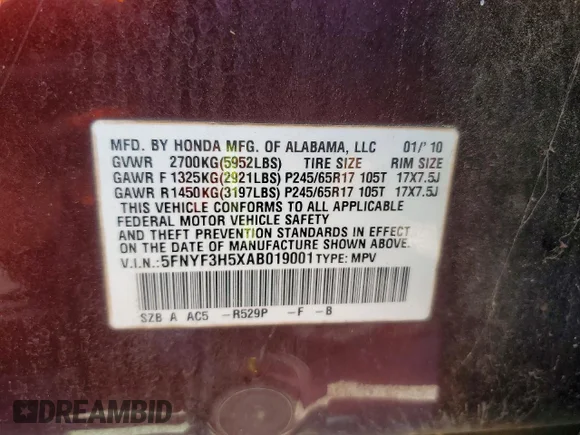 ✅ 2010 Honda Pilot EX-L • VIN: 5FNYF3H5XAB019001 • Lot: 53697276. Listed on Copart with 253,968 mi. Free auction sales archive from the USA and detailed vehicle history report at DreamBid. Image 13.