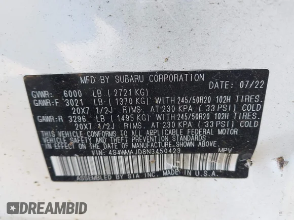 ✅ 2022 Subaru Ascent Onyx • VIN: 4S4WMAJD8N3450423 • Лот: 43521642. Опубліковано раніше на IAAI з пробігом Не вказано. Безкоштовний доступ до архіву аукціонних продажів зі США та докладний звіт про історію автомобіля на DreamBid. Зображення 9.