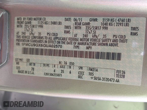 ✅ 2016 Ford Escape SE • VIN: 1FMCU9GX6GUA02570 • Lot: 43130551. Listed on IAAI with 115,689 mi. Free auction sales archive from the USA and detailed vehicle history report at DreamBid. Image 9.