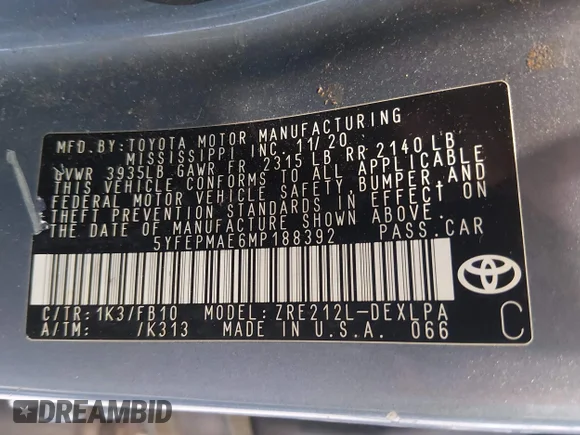 ✅ 2021 Toyota Corolla LE • VIN: 5YFEPMAE6MP188392 • Lot: 44991562. Wystawiony na IAAI z przebiegiem 94 079 mil. Bezpłatny archiwum sprzedaży aukcyjnych z USA i szczegółowy raport historii pojazdu na DreamBid. Zdjęcie 9.