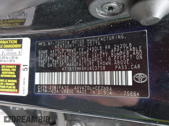 ✅ 2019 Toyota Camry SE • VIN: 4T1B11HK6KU803758 • Lot: 45007800. Wystawiony na IAAI z przebiegiem 129 685 mil. Bezpłatny archiwum sprzedaży aukcyjnych z USA i szczegółowy raport historii pojazdu na DreamBid. Zdjęcie 9.