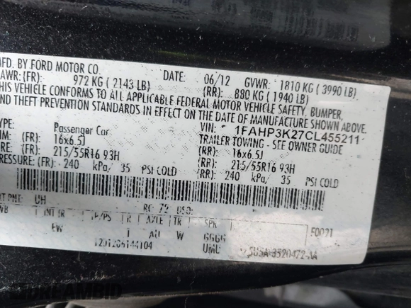 ✅ 2012 Ford Focus SE • VIN: 1FAHP3K27CL455211 • Lot: 42048868. Listed on IAAI with 164,474 mi. Free auction sales archive from the USA and detailed vehicle history report at DreamBid. Image 9.