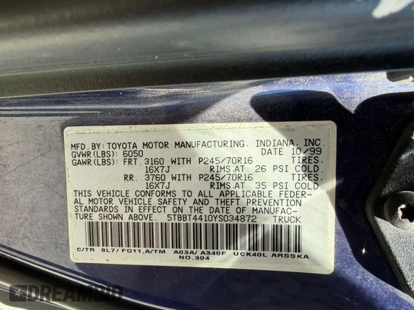 ✅ 2000 Toyota Tundra SR5 • VIN: 5TBBT4410YS034872 • Лот: 45456444. Опубліковано раніше на IAAI з пробігом 192 803 миль. Безкоштовний доступ до архіву аукціонних продажів зі США та докладний звіт про історію автомобіля на DreamBid. Зображення 8.