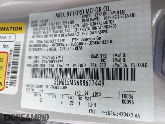 ✅ 2019 Lincoln MKZ Hybrid Reserve II • VIN: 3LN6L5MU6KR611449 • Lot: 41465414. Wystawiony na IAAI z przebiegiem Nie podano. Bezpłatny archiwum sprzedaży aukcyjnych z USA i szczegółowy raport historii pojazdu na DreamBid. Zdjęcie 9.