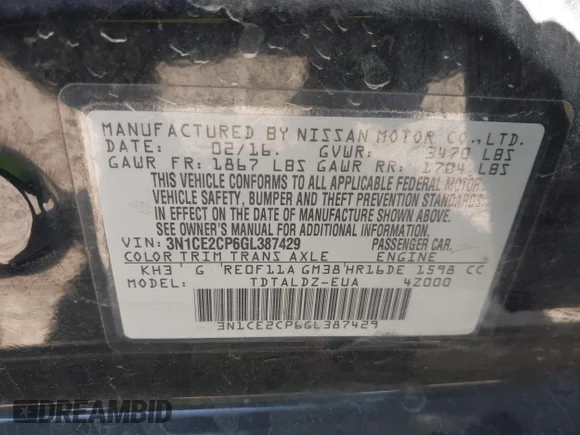 ✅ 2016 Nissan Note SV • VIN: 3N1CE2CP6GL387429 • Lot: 43405441. Wystawiony na IAAI z przebiegiem 220 809 mil. Bezpłatny archiwum sprzedaży aukcyjnych z USA i szczegółowy raport historii pojazdu na DreamBid. Zdjęcie 9.