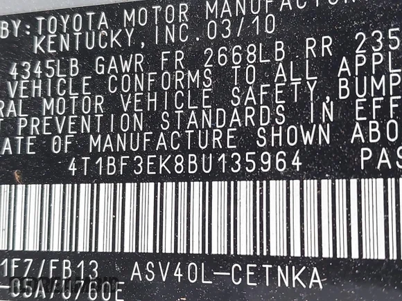 ✅ 2011 Toyota Camry XLE • VIN: 4T1BF3EK8BU135964 • Lot: 44931140. Wystawiony na IAAI z przebiegiem 92 057 mil. Bezpłatny archiwum sprzedaży aukcyjnych z USA i szczegółowy raport historii pojazdu na DreamBid. Zdjęcie 9.