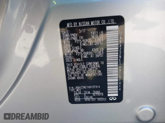 ✅ 2017 Infiniti QX80 • VIN: JN8AZ2NE1H9157414 • Лот: 43120467. Опубліковано раніше на IAAI з пробігом 170 853 миль. Безкоштовний доступ до архіву аукціонних продажів зі США та докладний звіт про історію автомобіля на DreamBid. Зображення 9.