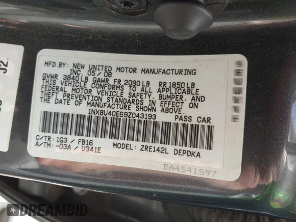 ✅ 2009 Toyota Corolla • VIN: 1NXBU40E69Z043193 • Lot: 44892971. Wystawiony na IAAI z przebiegiem 138 632 mil. Bezpłatny archiwum sprzedaży aukcyjnych z USA i szczegółowy raport historii pojazdu na DreamBid. Zdjęcie 9.