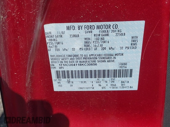 ✅ 2008 Ford Escape Limited • VIN: 1FMCU04118KC30856 • Lot: 43368780. Wystawiony na IAAI z przebiegiem Nie podano. Bezpłatny archiwum sprzedaży aukcyjnych z USA i szczegółowy raport historii pojazdu na DreamBid. Zdjęcie 9.