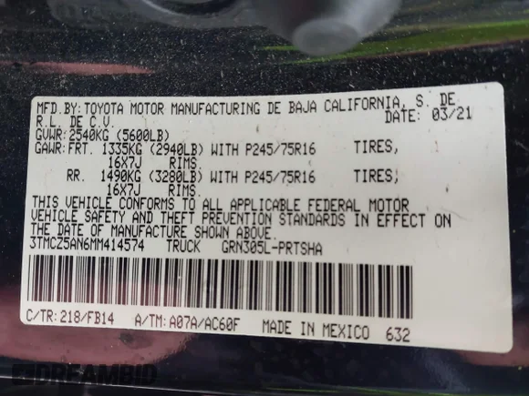 ✅ 2021 Toyota Tacoma SR • VIN: 3TMCZ5AN6MM414574 • Lot: 43558074. Wystawiony na IAAI z przebiegiem 37 760 mil. Bezpłatny archiwum sprzedaży aukcyjnych z USA i szczegółowy raport historii pojazdu na DreamBid. Zdjęcie 9.