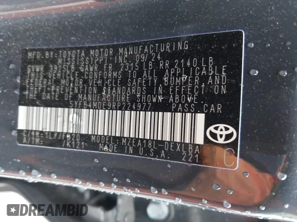 ✅ 2024 Toyota Corolla LE • VIN: 5YFB4MDE9RP224977 • Lot: 44036823. Wystawiony na IAAI z przebiegiem 53 666 mil. Bezpłatny archiwum sprzedaży aukcyjnych z USA i szczegółowy raport historii pojazdu na DreamBid. Zdjęcie 9.