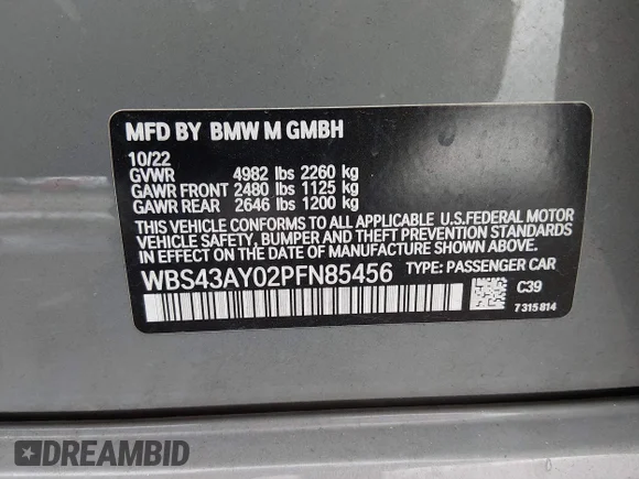 ✅ 2023 BMW M3 Competition xDrive • VIN: WBS43AY02PFN85456 • Lot: 45392322. Listed on IAAI with 56,134 mi. Free auction sales archive from the USA and detailed vehicle history report at DreamBid. Image 9.