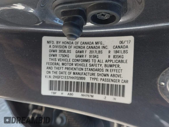 ✅ 2017 Honda Civic Si • VIN: 2HGFC1E57HH702899 • Lot: 44834363. Listed on IAAI with 76,778 mi. Free auction sales archive from the USA and detailed vehicle history report at DreamBid. Image 9.