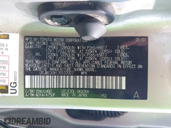 ✅ 2007 Lexus GX 470 • VIN: JTJBT20X170137027 • Lot: 42728949. Listed on IAAI with 245,439 mi. Free auction sales archive from the USA and detailed vehicle history report at DreamBid. Image 9.