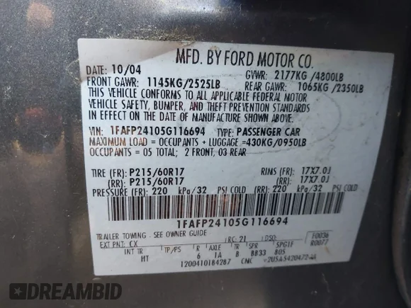✅ 2005 Ford Five Hundred SEL • VIN: 1FAFP24105G116694 • Lot: 43625269. Wystawiony na IAAI z przebiegiem 109 427 mil. Bezpłatny archiwum sprzedaży aukcyjnych z USA i szczegółowy raport historii pojazdu na DreamBid. Zdjęcie 9.