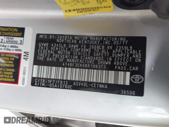 ✅ 2011 Toyota Camry LE • VIN: 4T4BF3EK6BR198373 • Lot: 44088605. Wystawiony na IAAI z przebiegiem 152 853 mil. Bezpłatny archiwum sprzedaży aukcyjnych z USA i szczegółowy raport historii pojazdu na DreamBid. Zdjęcie 9.