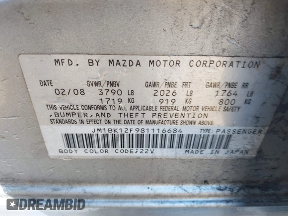 ✅ 2008 Mazda 3 i Sport • VIN: JM1BK12F981116684 • Lot: 41655717. Wystawiony na IAAI z przebiegiem 200 609 mil. Bezpłatny archiwum sprzedaży aukcyjnych z USA i szczegółowy raport historii pojazdu na DreamBid. Zdjęcie 9.