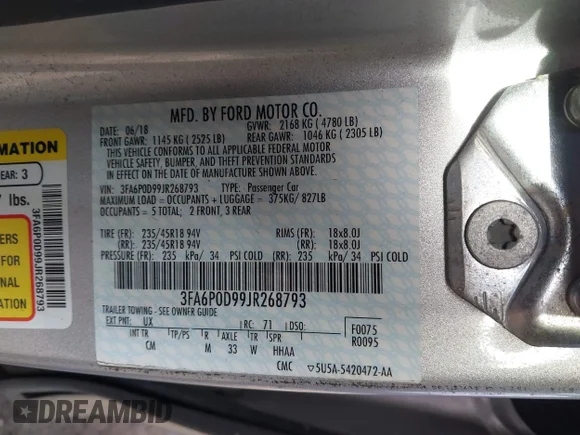 ✅ 2018 Ford Fusion Titanium • VIN: 3FA6P0D99JR268793 • Lot: 43845318. Listed on IAAI with 129,880 mi. Free auction sales archive from the USA and detailed vehicle history report at DreamBid. Image 9.