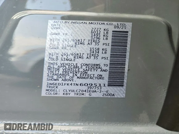 ✅ 2026 Nissan Frontier SV • VIN: 1N6ED1FK4TN609511 • Lot: 48311626. Wystawiony na Copart z przebiegiem 1 549 mil. Bezpłatny archiwum sprzedaży aukcyjnych z USA i szczegółowy raport historii pojazdu na DreamBid. Zdjęcie 13.