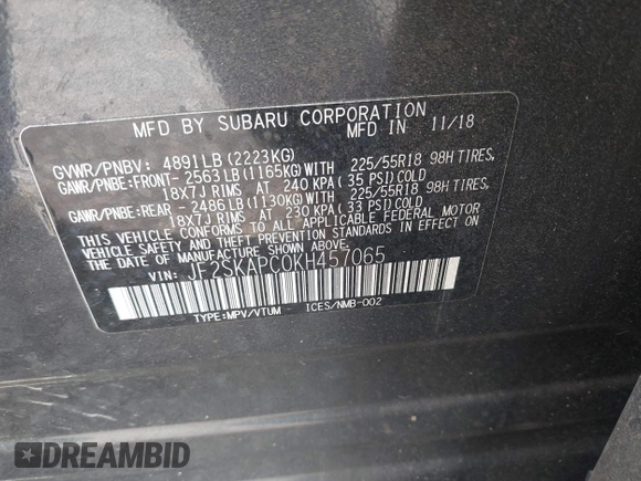 ✅ 2019 Subaru Forester Special Sports • VIN: JF2SKAPC0KH457065 • Lot: 45100109. Wystawiony na IAAI z przebiegiem 72 534 mil. Bezpłatny archiwum sprzedaży aukcyjnych z USA i szczegółowy raport historii pojazdu na DreamBid. Zdjęcie 9.